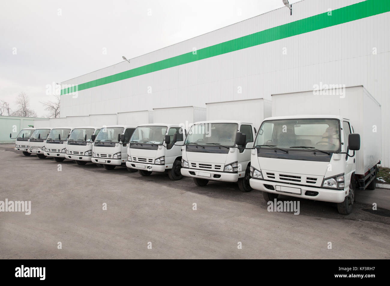 cargo vehicles stand in a row on a parking lot near the factory