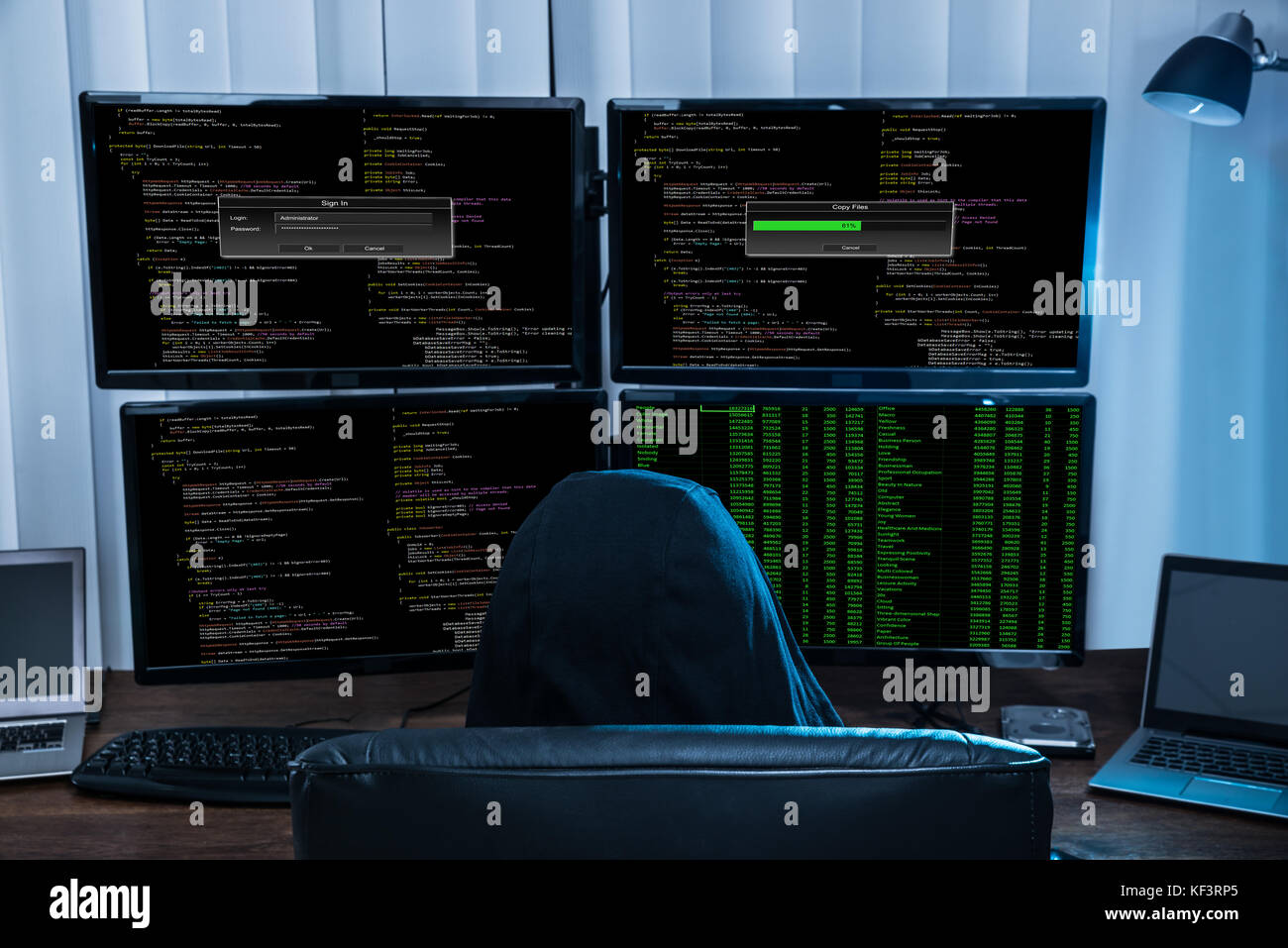 Rear View Of A Boy Sitting On Chair Hacking Multiple Computers Stock Photo