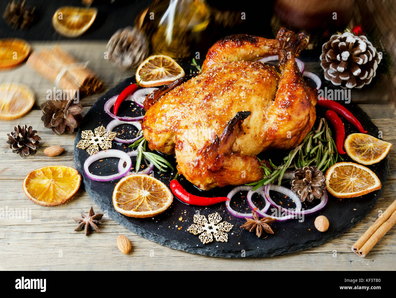 Roast chicken or turkey for Christmas and New Year with mulled wine and