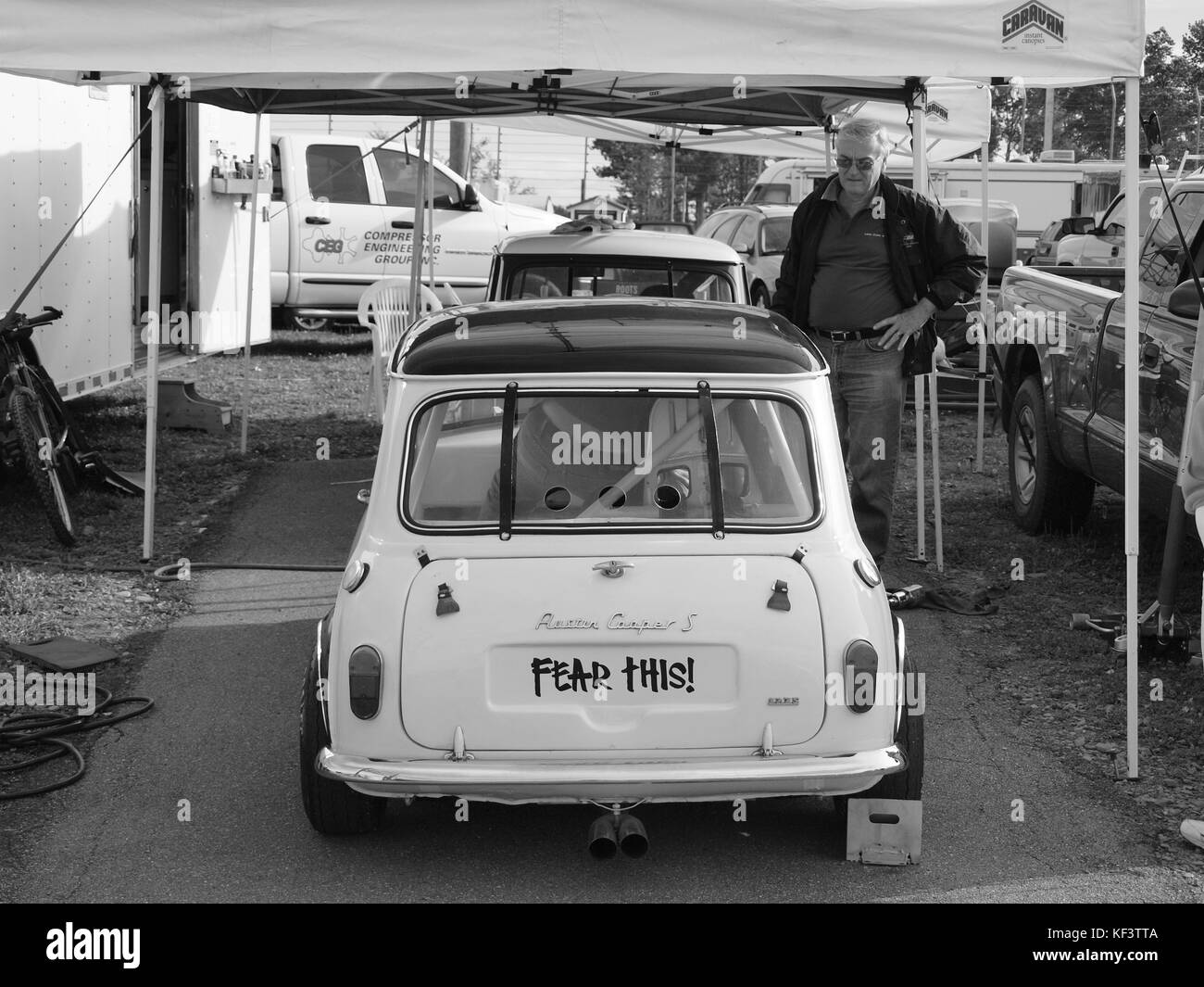 ' Fear this 'emblazoned on rear end of an Austin Cooper of the 1960's under a shelter at Watkins Glen. Stock Photo