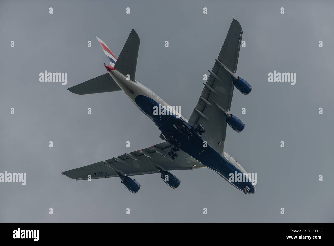 Airbus A380 on approach to Heathrow Airport, London, United Kingdom Stock Photo