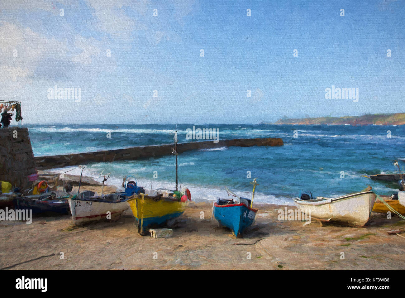 Sennon Cove Cornwall boats harbour wall and coast illustration like oil painting Stock Photo