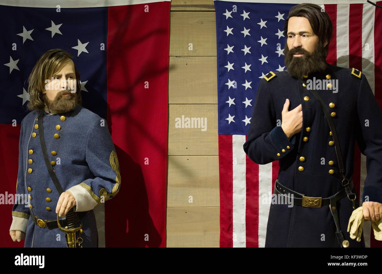 Mannequin figures of Civil War Generals Hindman and Blunt, at Prairie Grove Battlefield State Park in Prairie Grove, Arkansas, US. Stock Photo