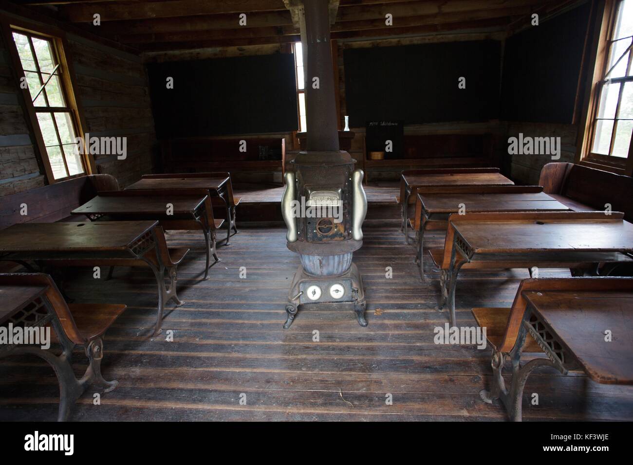 The interior of a Civil War era school, at Prairie Grove Battlefield State Park in Prairie Grove, Arkansas, US. Stock Photo