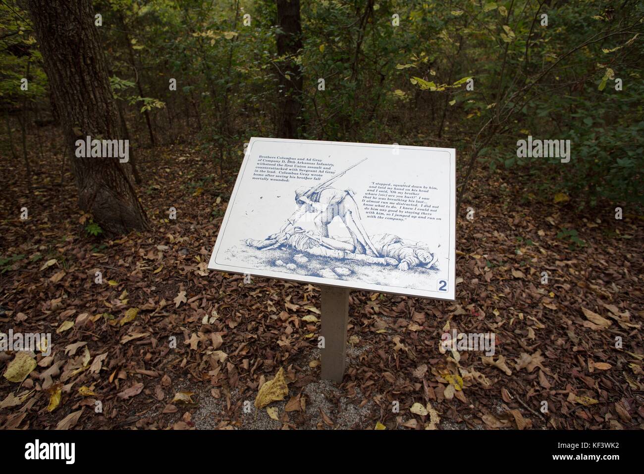 A sign describing scenes of battle, at Prairie Grove Battlefield State ...