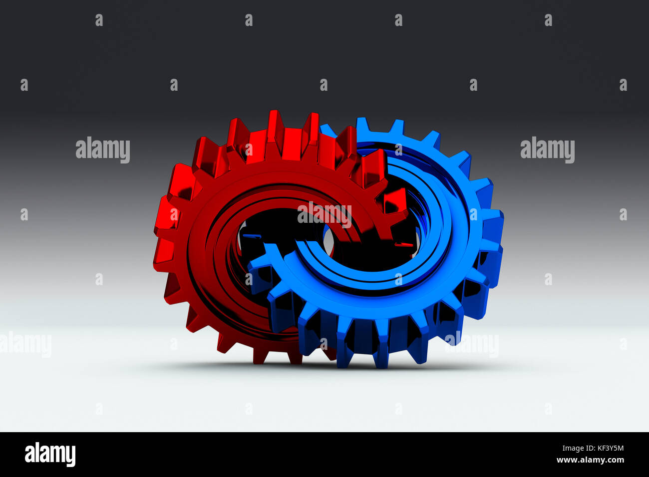 3D illustration. A pair of interlaced gears made out of metal. Stock Photo