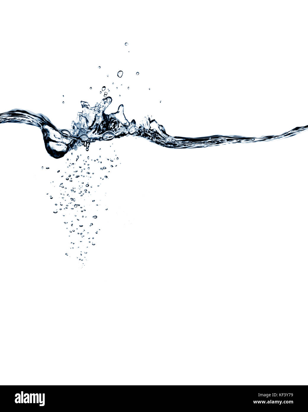 Blue water splash, water drops and bubbles isolated on white Stock