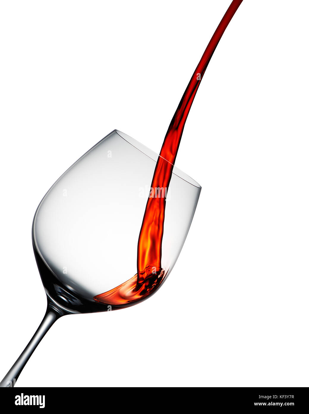Red wine poured into elegant wine glass isolated on white Stock Photo