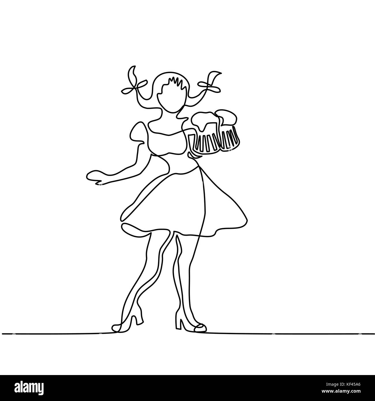 Continuous line drawing. Oktoberfest girl with beer. Vector illustration Stock Vector