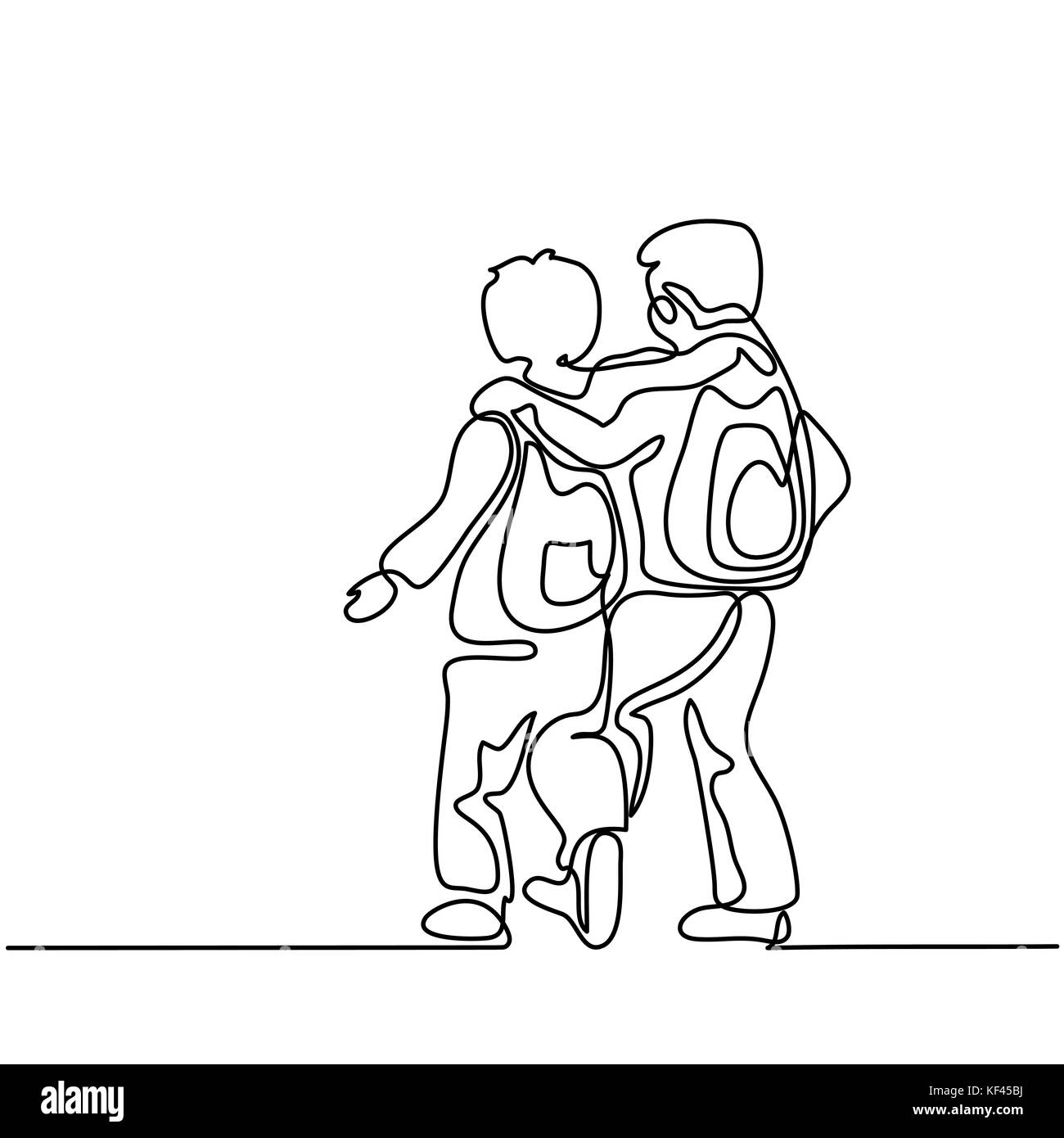 Friends Boys Going Back To School With Bags Continuous Line Drawing 