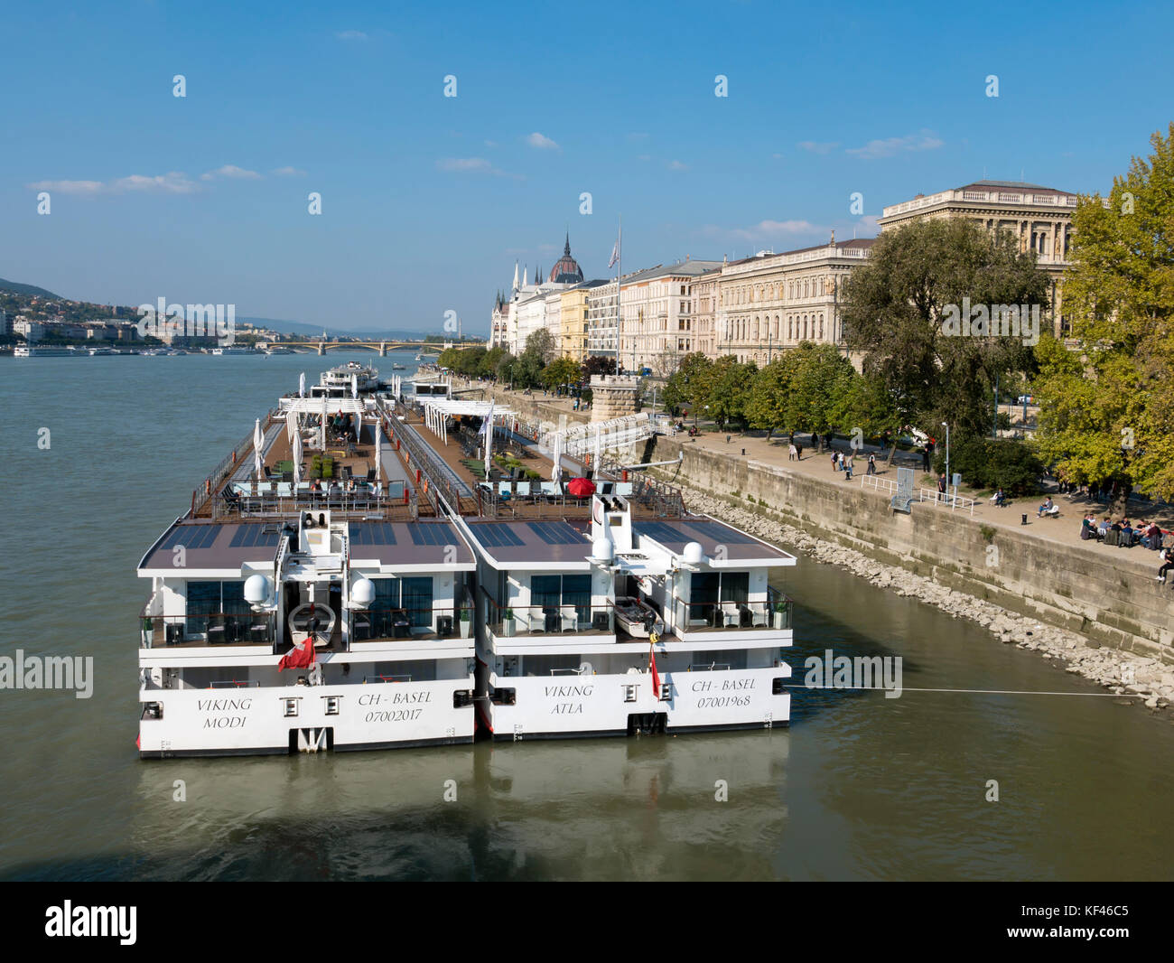 Viking River Cruise boats moored on the River Danube, Budapest, Hungary. Stock Photo