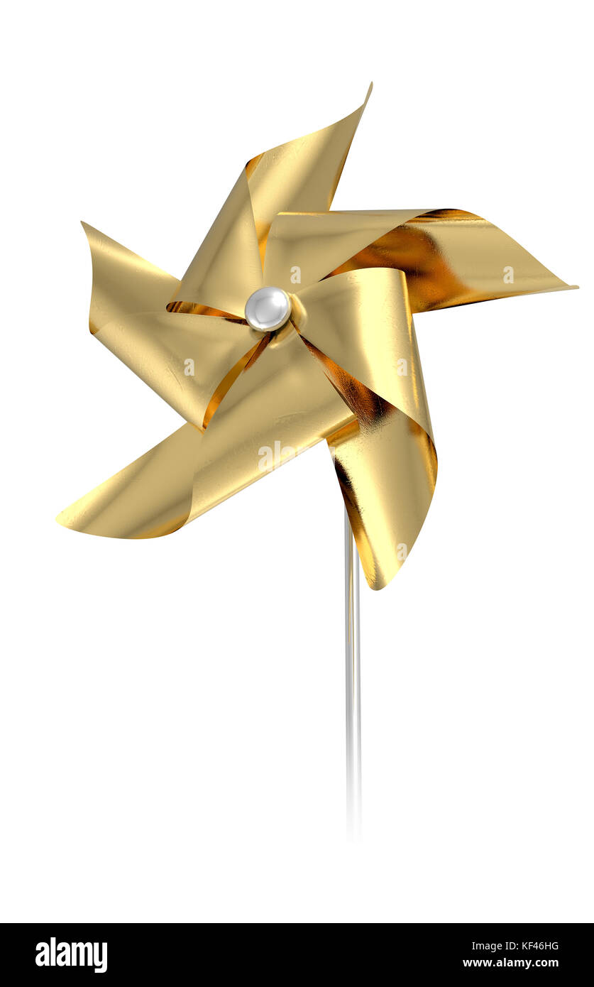 A regular toy pinwheel windmill with gold colored foil vanes on a stick on an isolated background  - 3D render Stock Photo