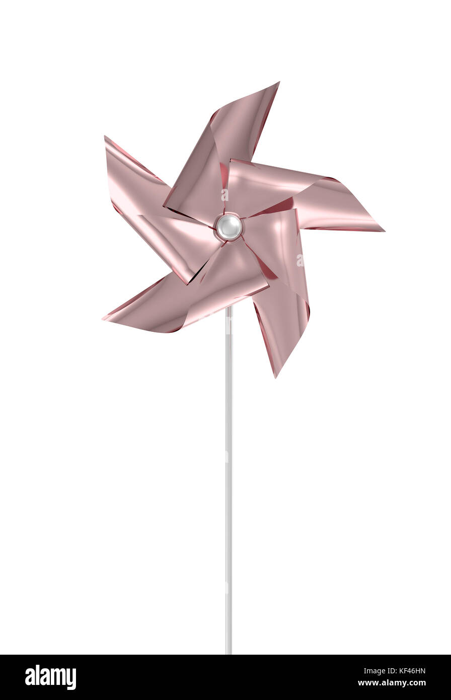 A regular toy pinwheel windmill with rose gold colored foil vanes on a stick on an isolated background  - 3D render Stock Photo