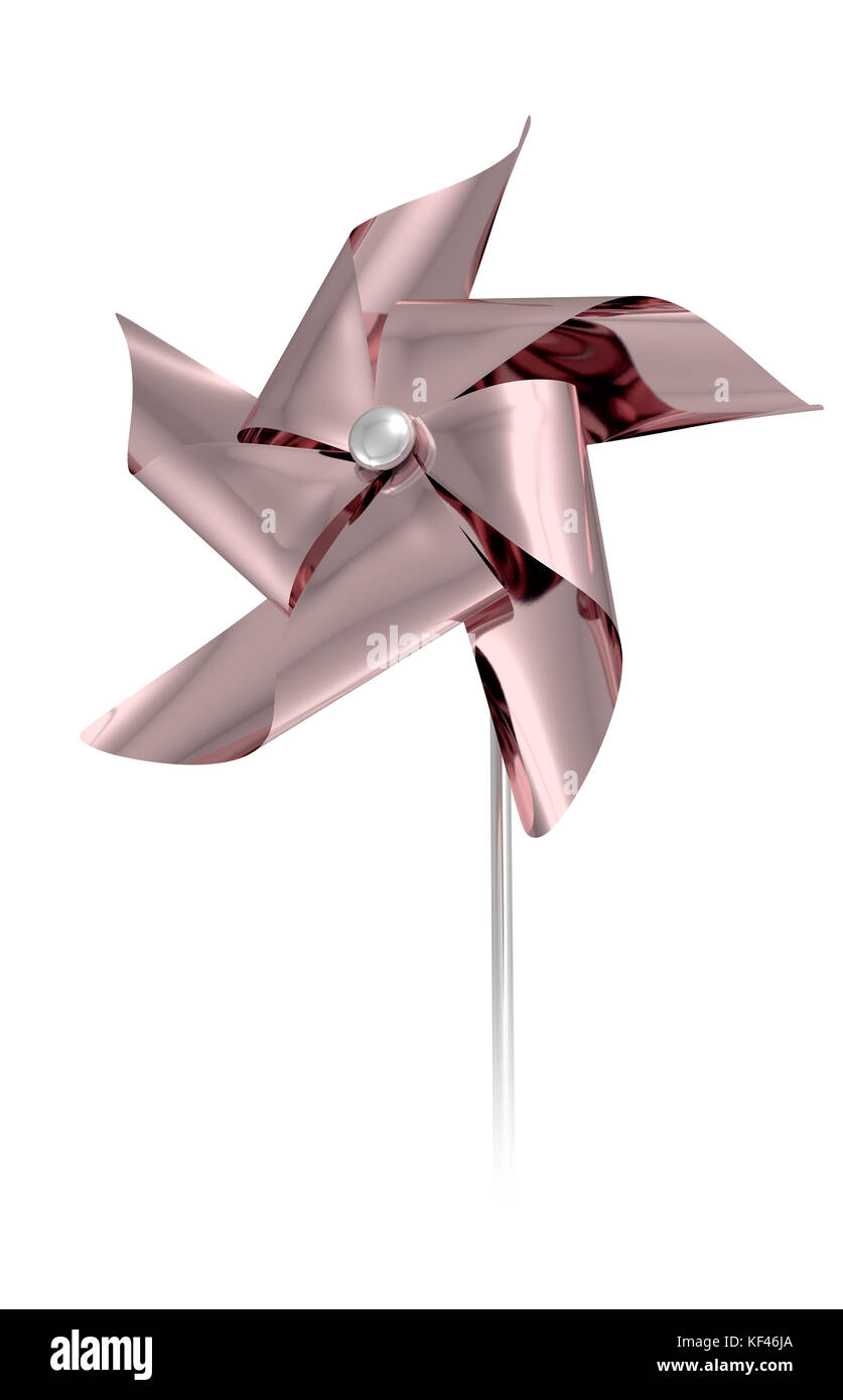 A regular toy pinwheel windmill with rose gold colored foil vanes on a stick on an isolated background  - 3D render Stock Photo