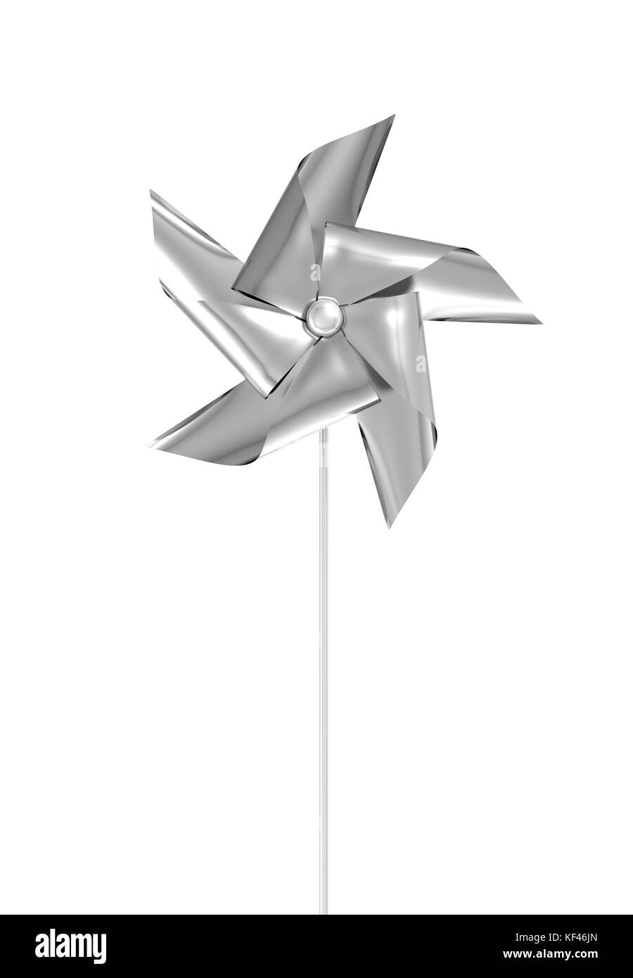 A regular toy pinwheel windmill with silver foil colored vanes on a stick on an isolated background  - 3D render Stock Photo