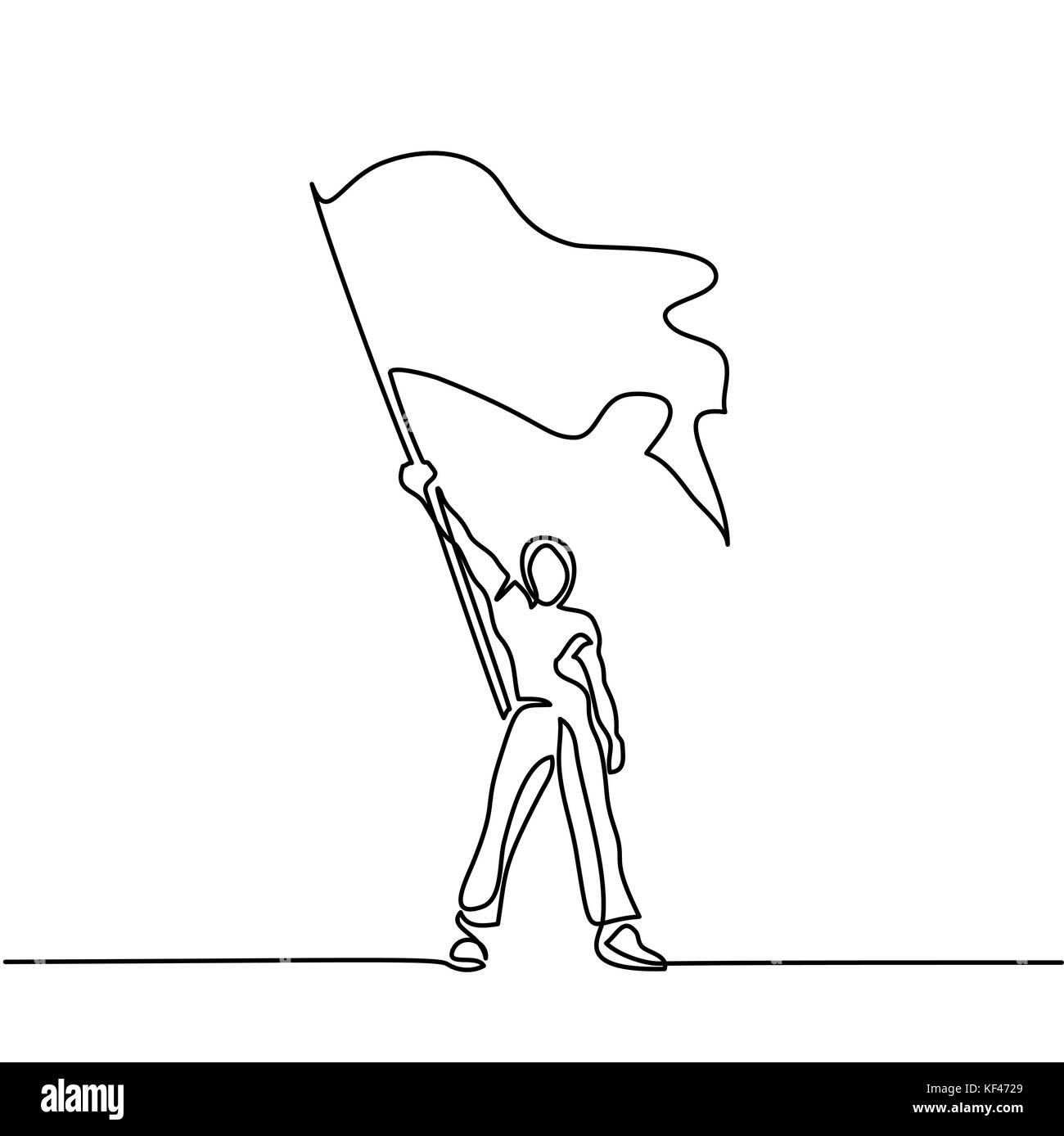 Man holding flag. Continuous line drawing Stock Vector
