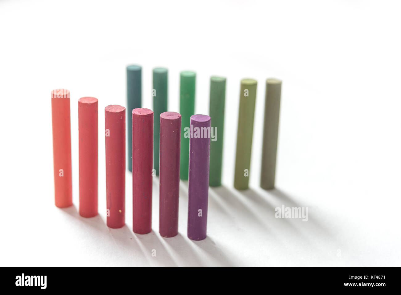 Close up of bunch standing colorful pastel chalks with color gradation ...