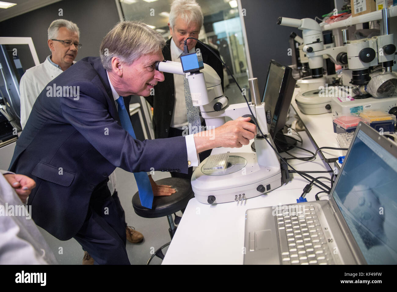 Chancellor Philip Hammond uses a microscope to examine protein crystals during his visit to The Francis Crick Institute in London, as the UK economy unexpectedly accelerated in the third quarter, upping the pressure on the Bank of England to hike interest rates next month. Stock Photo