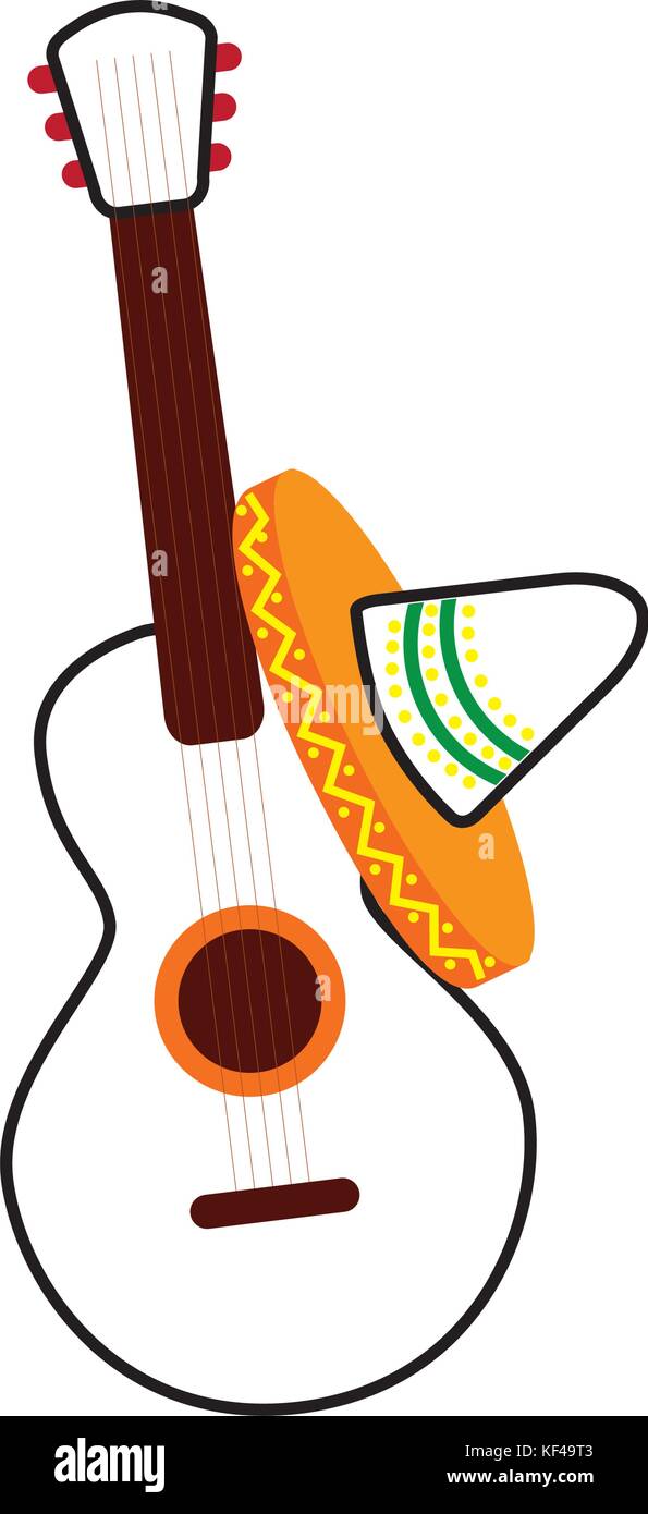 mexican guitar and hat traditional instrument musical Stock Vector