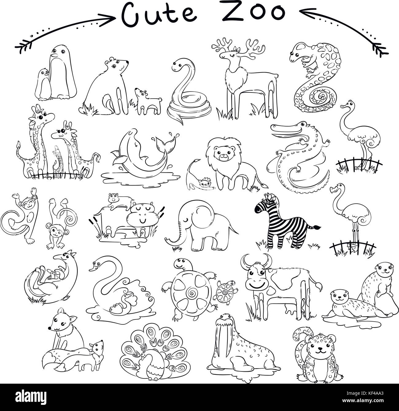 Collection of cute cartoon doodle animals and birds of the world. Lined for coloring pages. Vector set of illustrations Stock Vector