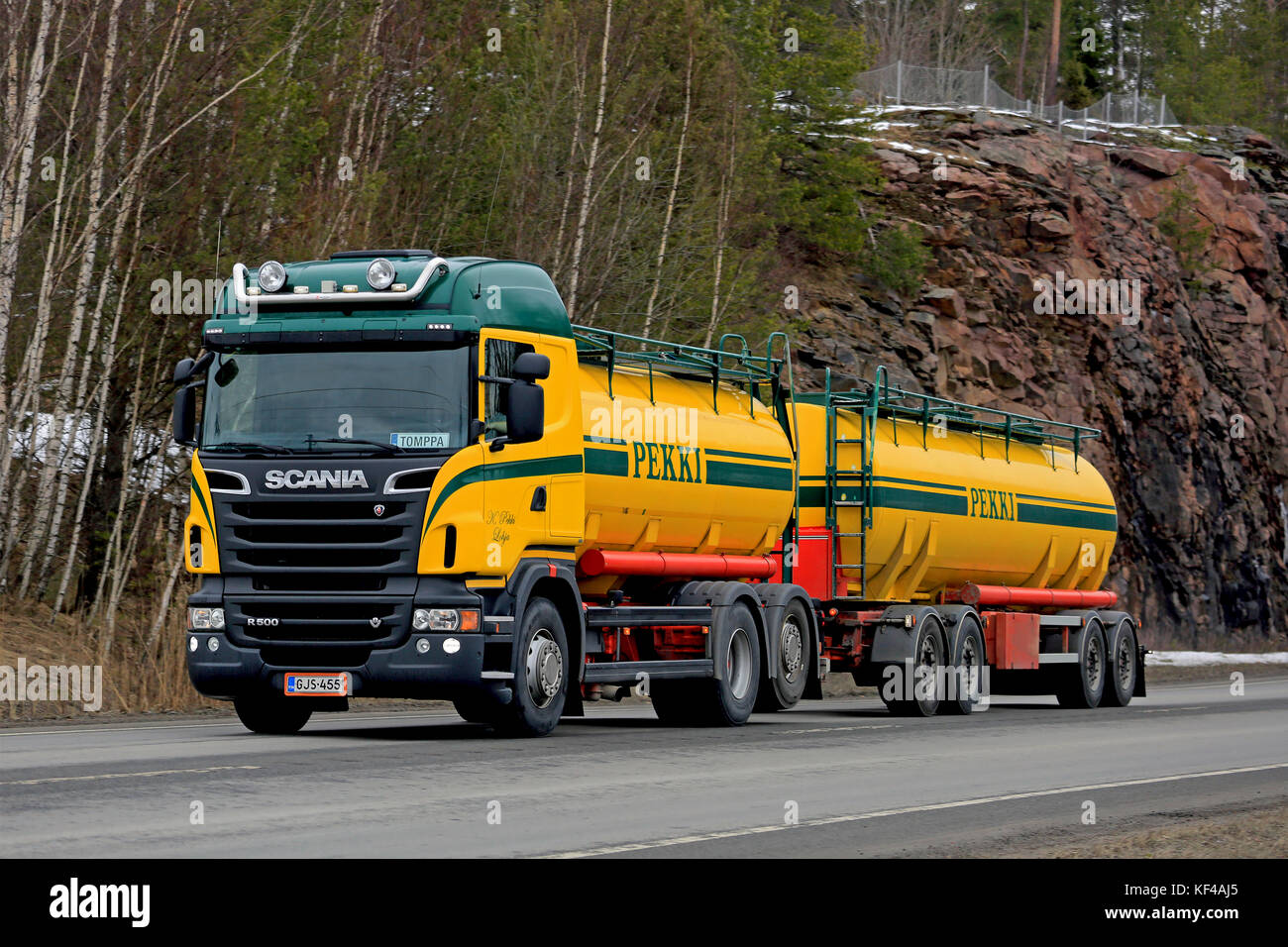 KARJAA, FINLAND - MARCH 5, 2016: Scania R500 tank truck for bulk transport on the road. Scania celebrates 125 years in 2016. Stock Photo