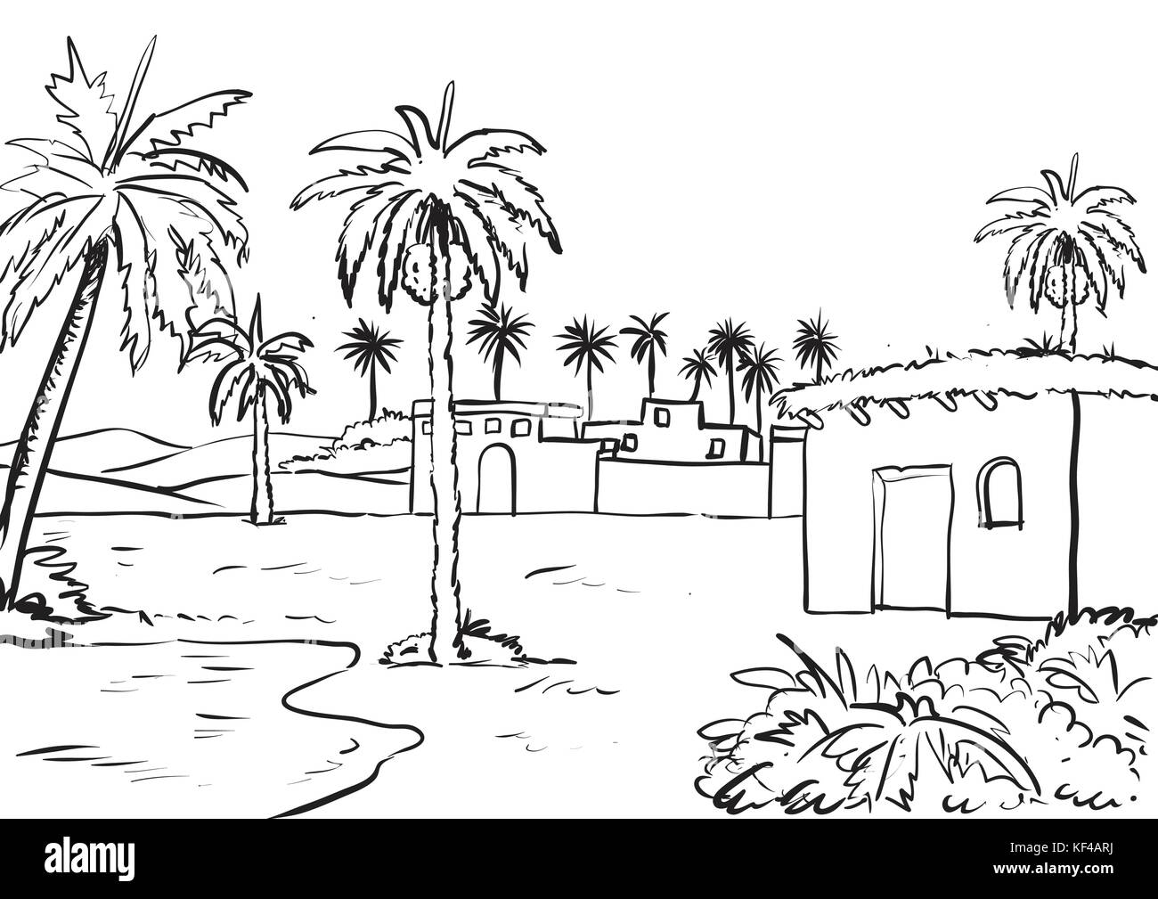 Illustration of Middle east rural view. Ink drawn sketch Vector. Ink drawn picture sketch in art retro etching graphic style pen on paper-Vector Illus Stock Vector