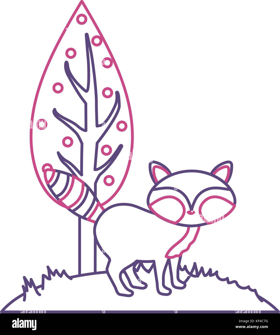 silhouette cute raccoon wild animal next to tree Stock Vector Image