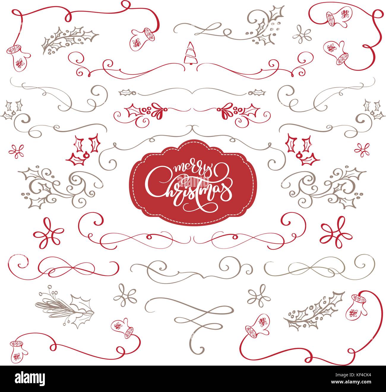 Winter set of decorative calligraphic elements Merry Christmas, dividers and new year ornaments for page decor. Vector lettering Stock Vector