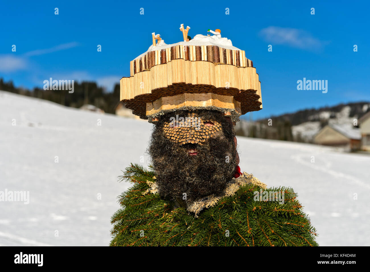 Head-dress of a Wood and Nature ChlauS, St Sylvester mummer at the Urnäsch Old Sylvester procession, Urnäsch, Switzerland Stock Photo