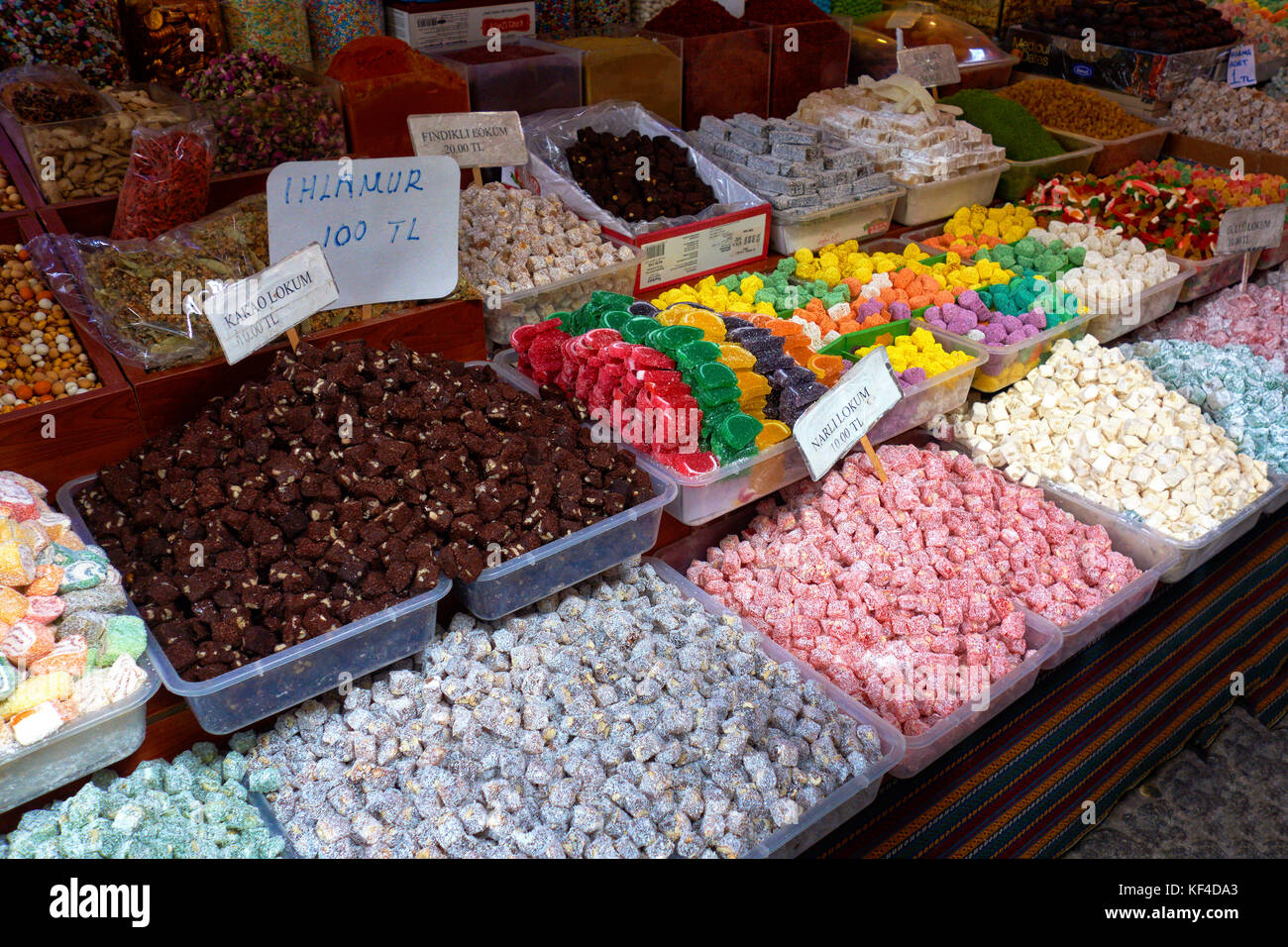 Display of colorful sweets in the Spice Market in the Eminonu district.  Istanbul. Turkey. Stock Photo