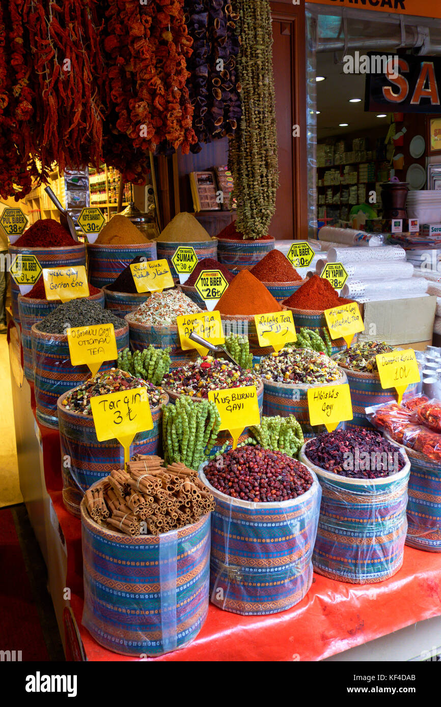 Display of colorful spices in the Spice Market in the Eminonu district. Istanbul. Turkey. Stock Photo