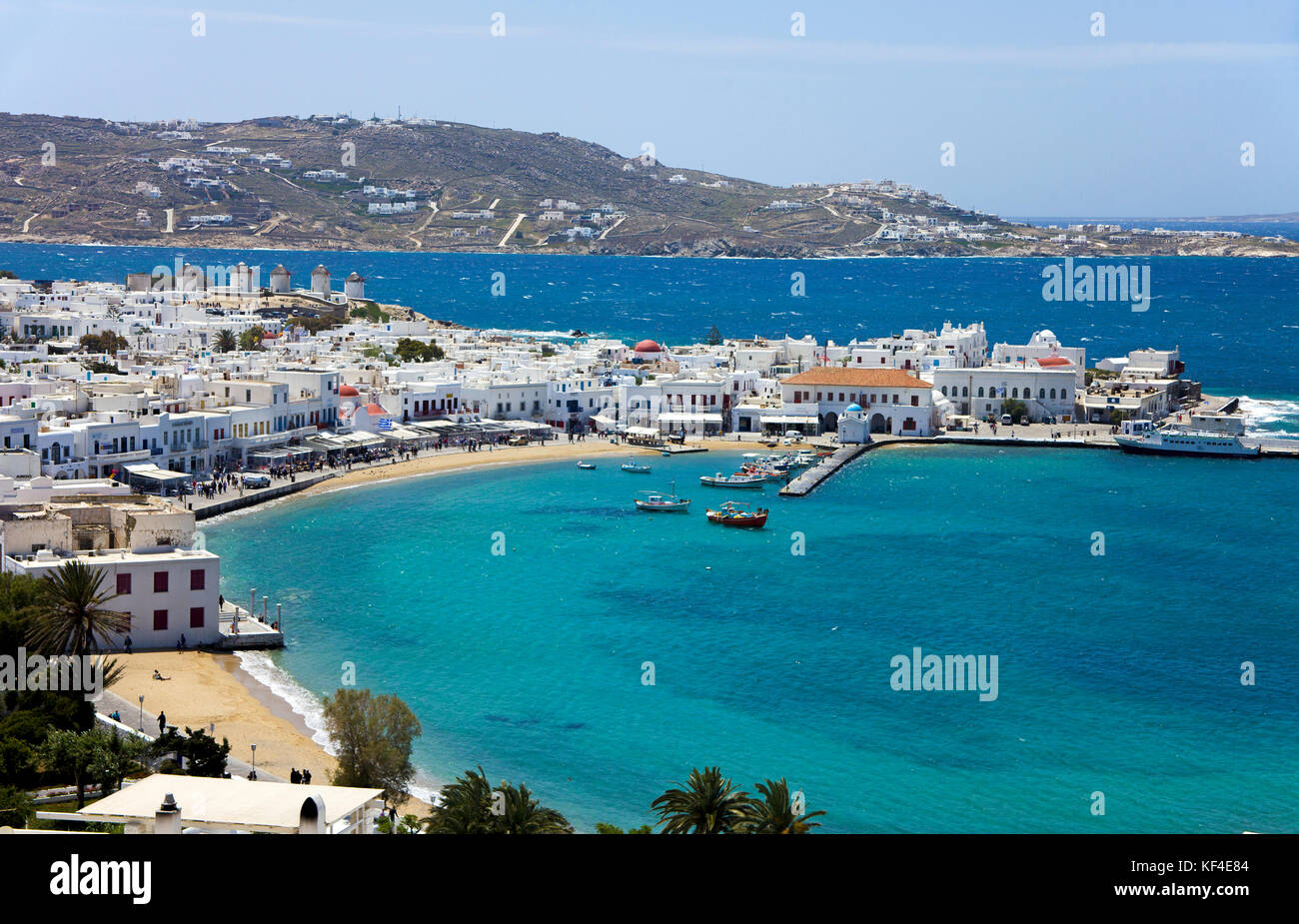 View on Mykonos-town with the famous windmills, Mykonos, Cyclades, Aegean, Greece Stock Photo