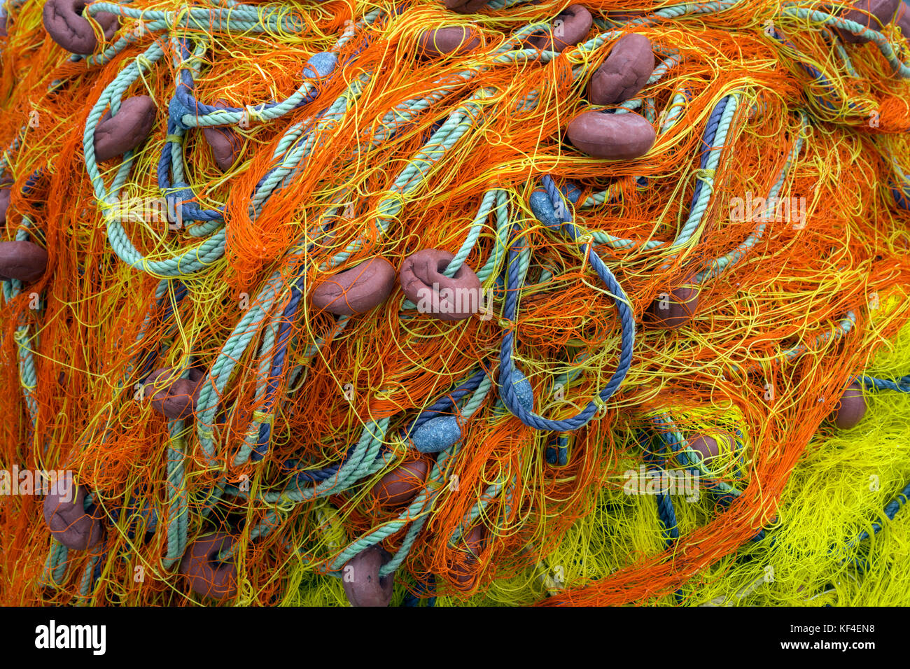 Colourful fishing net at the harbour of Agia Anna, Mykonos, Cyclades, Aegean, Greece Stock Photo