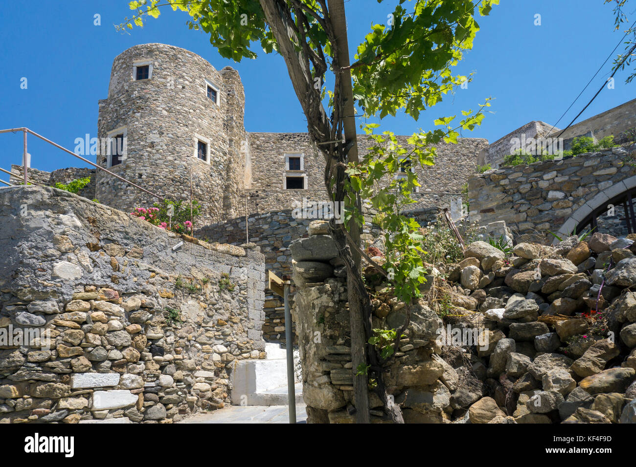 Tower of the fortress Castro above Naxos-town, Naxos, Cyclades, Aegean, Greece Stock Photo