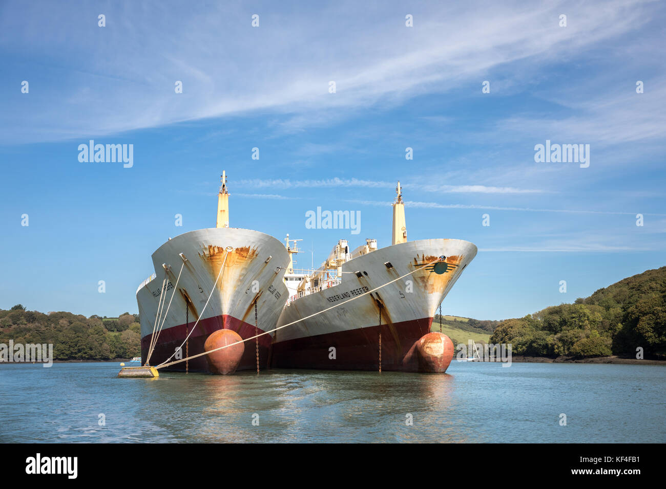 Tankers moored up in the River Fal, Falmouth, Cornwall, Uk Stock Photo