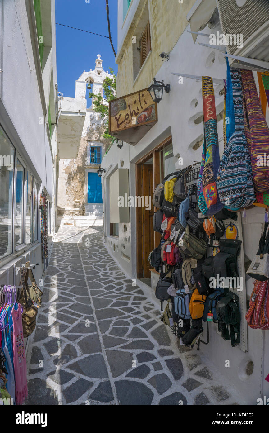 Souvenir shops at a narrow alley of Naxos-town, Naxos, Cyclades, Aegean, Greece Stock Photo