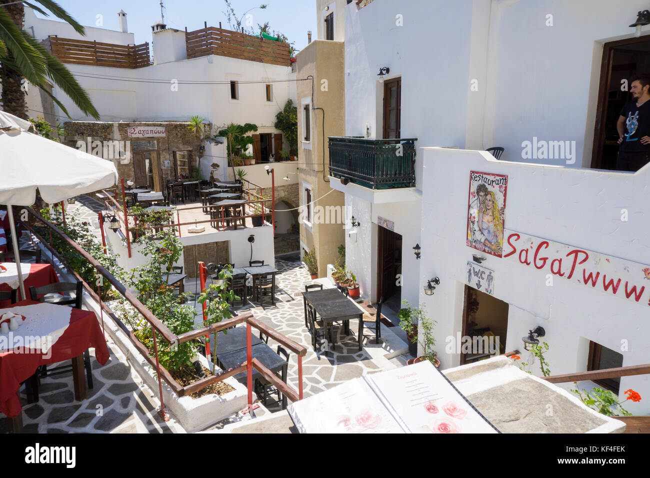 Restaurants at a alley, old town of Naxos-town, Naxos island, Cyclades, Aegean, Greece Stock Photo