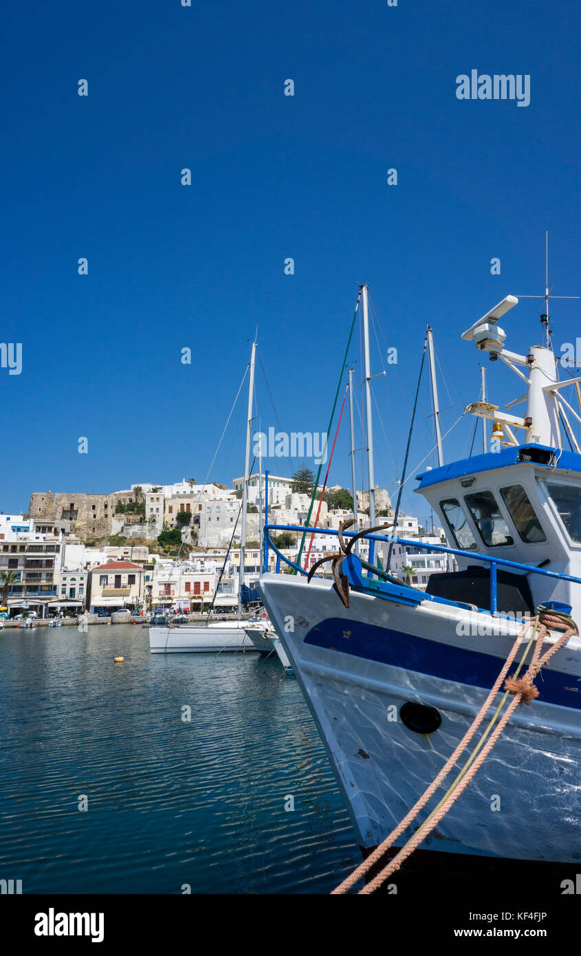 Fishing boats and other boats at the harbour of Naxos-town, Naxos, Cyclades, Aegean, Greece Stock Photo
