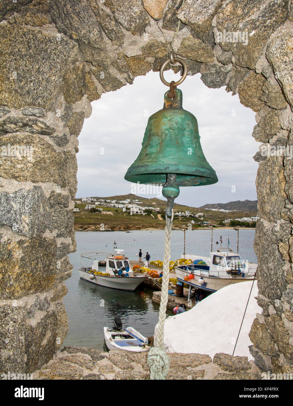 Bell tower at the harbour of Agia Anna, Mykonos, Cyclades, Aegean, Greece Stock Photo