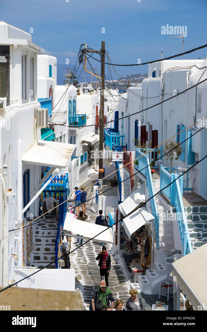 Typical aegean houses at a alley of Mykonos-town, Mykonos, Cyclades, Aegean, Greece Stock Photo