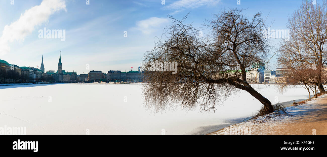 Panoramic view of frozen Binnenalster lake at Hamburg, Germany Stock Photo