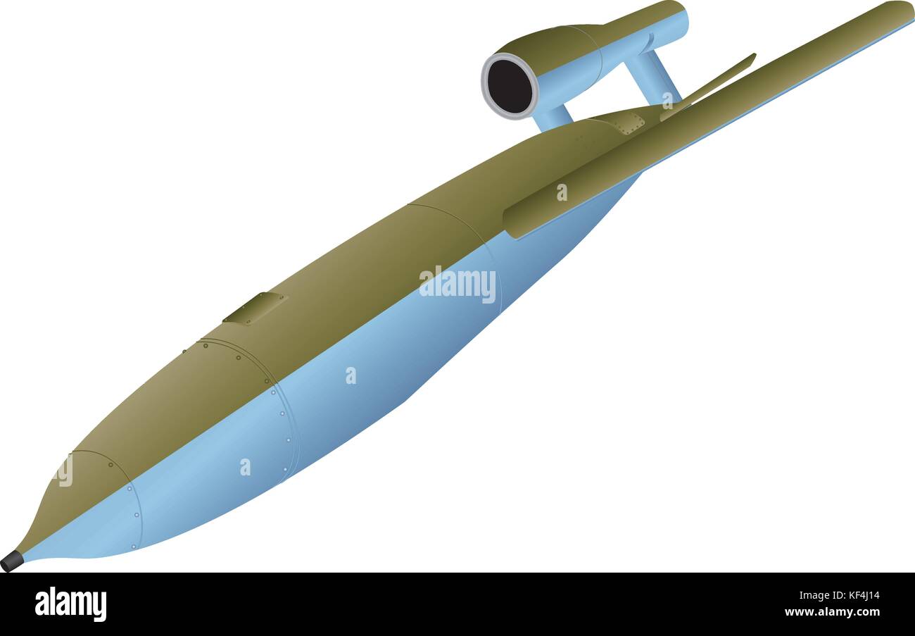 A World War Two German V1 Flying Bomb nicknamed doodlebug painted in Olive Green and Blue Camouflage Colours diving at a target isolated on white Stock Vector