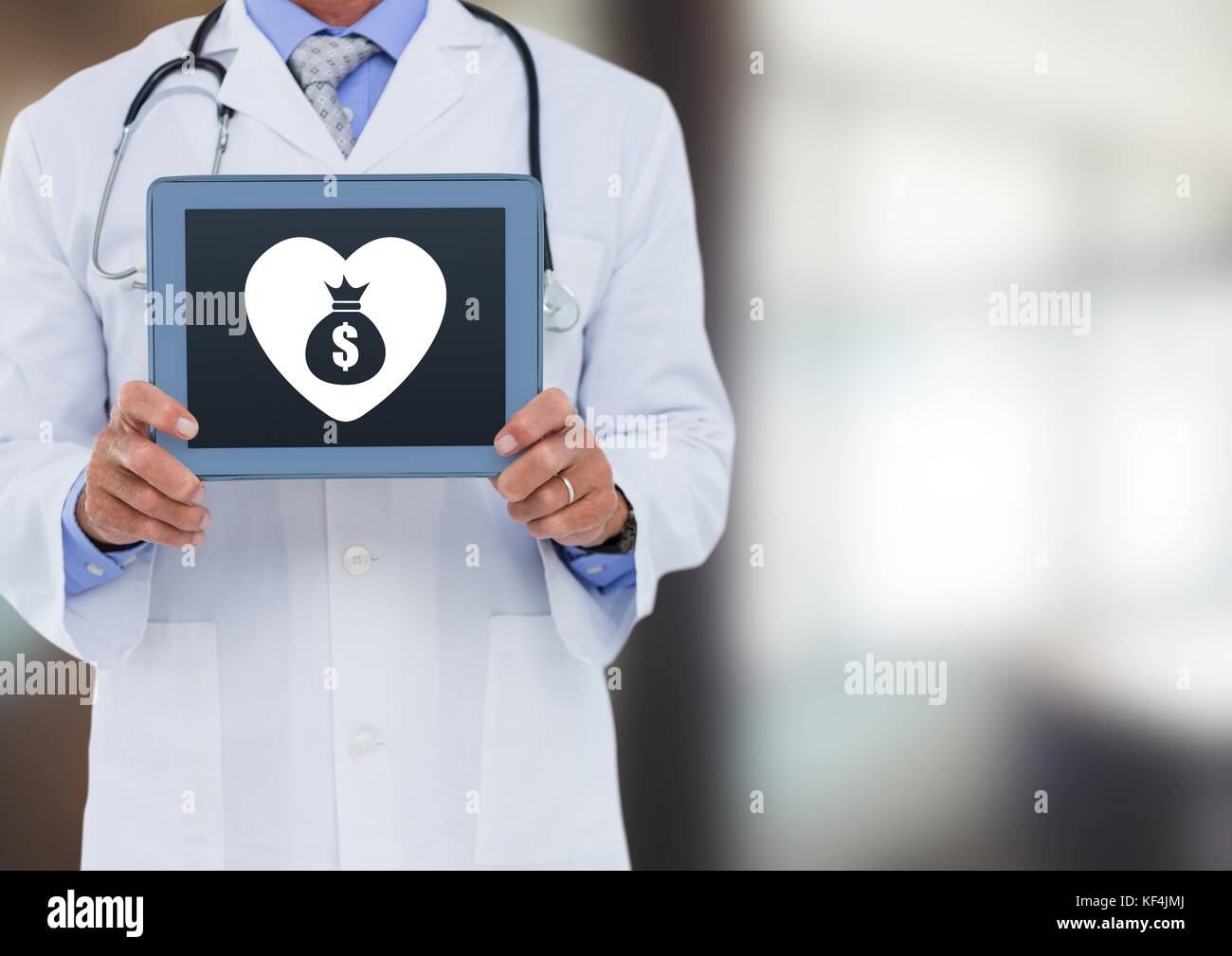 Digital composite of Doctor holding tablet with heart and money bag ...