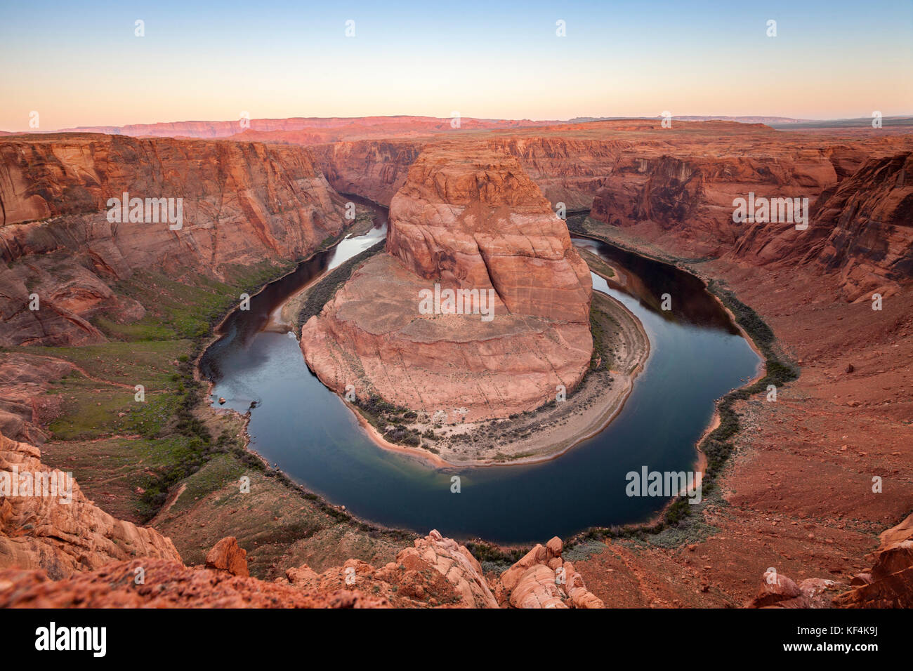 horseshoe Bend, a meander of the Colorado River in the Glen Canyon area of Arizona, at sunrise. Stock Photo