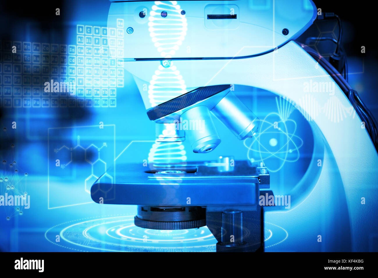 Composite image of dna helix interface against microscope in laboratory ...