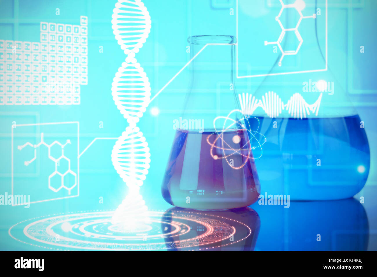 Blue and red beakers against composite image of dna helix interface Stock Photo