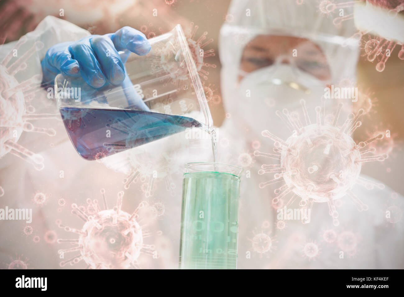 Red virus in human body against lab assistant with mask mixing blue liquid in beaker Stock Photo