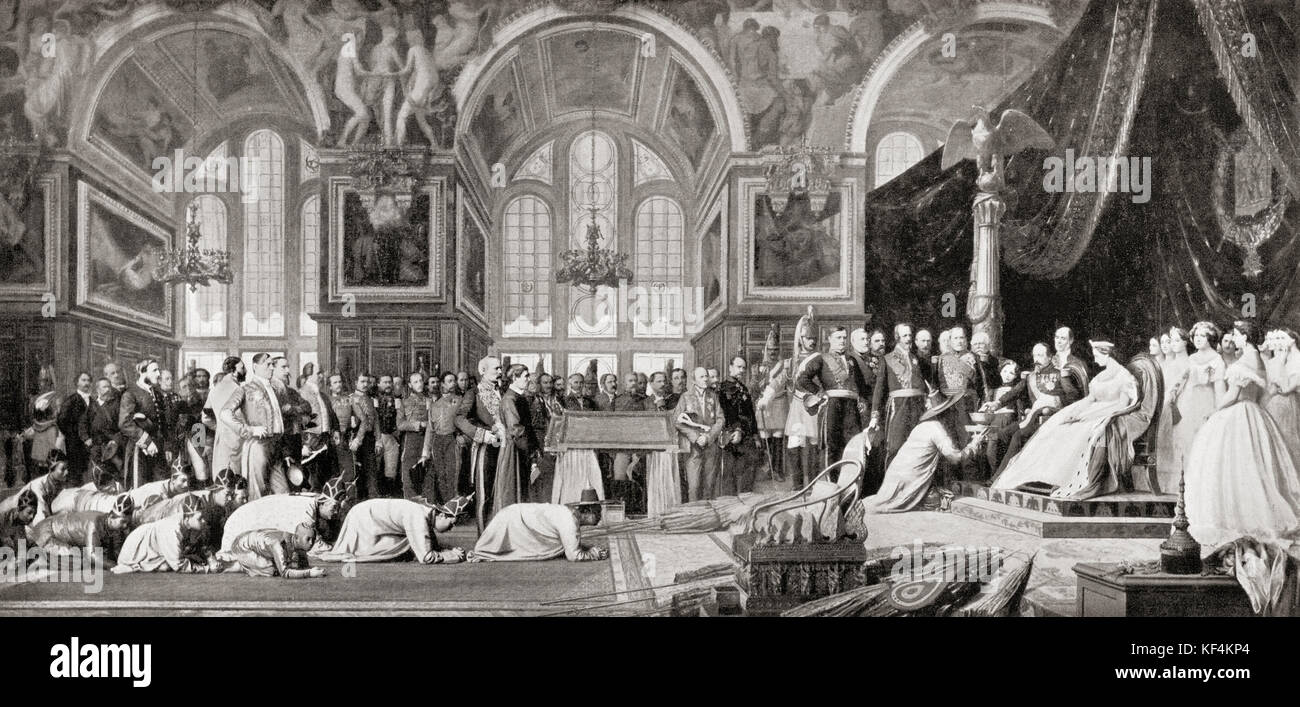 The Reception of Siamese Ambassadors by Emperor Napoleon III at the Palace of Fontainebleau, 27 June 1861. Louis-Napoléon Bonaparte, 1808 - 1873. President of the French Second Republic and as Napoleon III, ruler of the Second French Empire.  From Hutchinson's History of the Nations, published 1915. Stock Photo