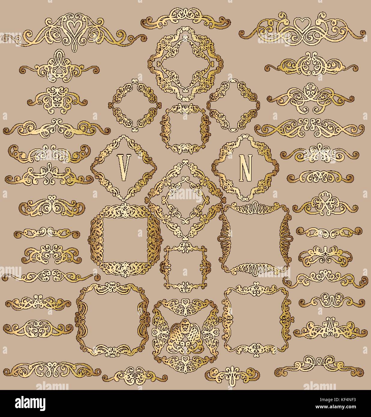 Big set of gold vintage styled calligraphic frames and flourishes ...