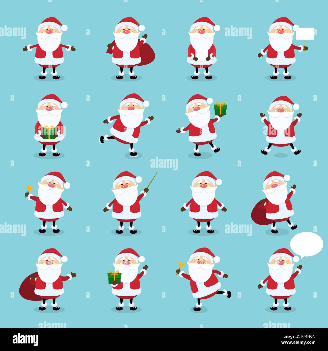 Cute vector Santa Claus icon set in flat style, christmas collection, xmas and New year character in different poses. Funny Santa with different emotions. Design template in EPS10 Stock Vector